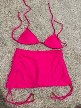 YMI Hot Pink Triangle Bikini Top with Matching Skirt with Gold Shell Charms